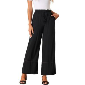 Loose High Waist Drawstring Wide Leg Palazzo Trousers with Pockets Black